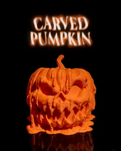 A melting, carved 3D printed pumpkin with glowing interior, perfect for Halloween displays.