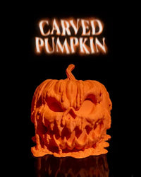 A melting, carved 3D printed pumpkin with glowing interior, perfect for Halloween displays.