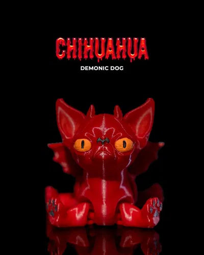 Red demonic chihuahua figurine with yellow eyes and small wings