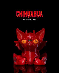 Red demonic chihuahua figurine with yellow eyes and small wings