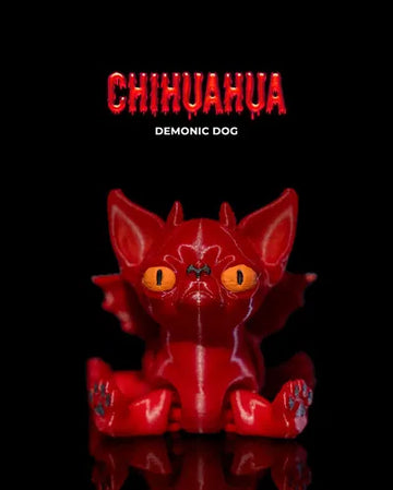 Red demonic chihuahua figurine with yellow eyes and small wings