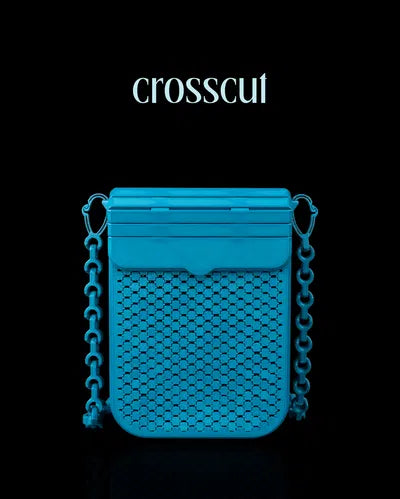 Electric blue 3D printed purse with a grid-patterned mesh front and rectangular shape, featuring a modern chain strap.