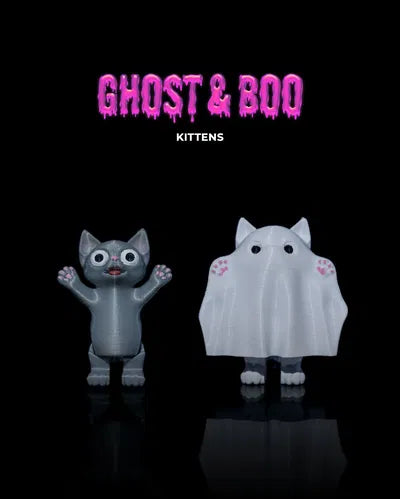 Set of two miniature kittens, one gray with arms up, the other wearing a ghost sheet