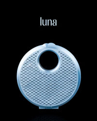 Light blue circular 3D printed purse with a central cut-out resembling a full moon, featuring a modern mesh pattern and chain strap.