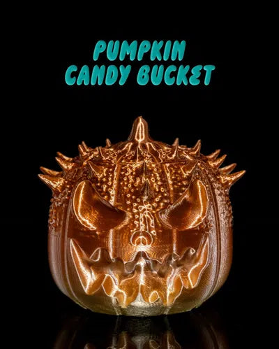 Spiked pumpkin candy bucket with fierce jack-o-lantern face