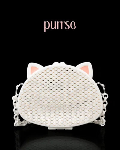 White 3D printed purse shaped like a cat face with pink ear accents and a mesh pattern, featuring a chunky chain strap.