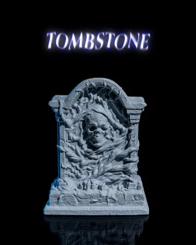 A 3D printed gothic tombstone with intricate detailing, designed to glow from within.