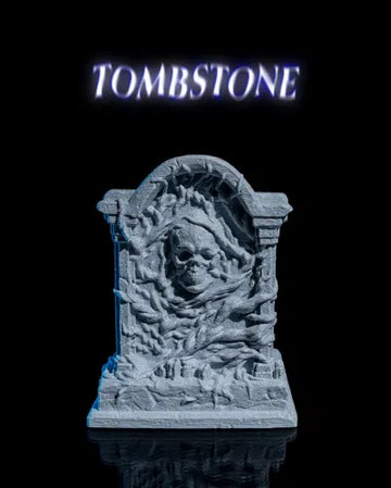 A 3D printed gothic tombstone with intricate detailing, designed to glow from within.